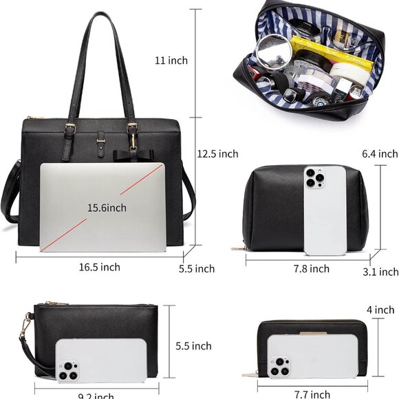 4pc Sets Laptop Bag for Women Large Leather Laptop Briefcase with USB Charging P - Picture 3 of 6